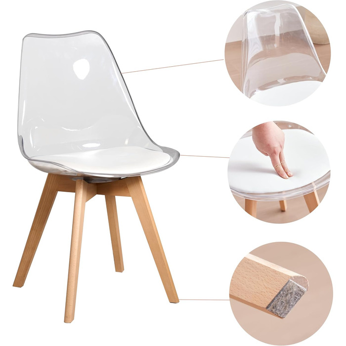 Набір з 6 сучасних стільців для їдальні, кухонних стільців з м'яким сидінням та буковими ніжками для спальні, вітальні, їдальні, кухні – (прозора + біла підкладка з PU шкіри, набір з 6 шт.)