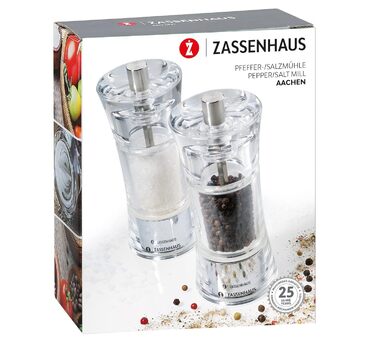 Набір подрібнювачів перцю та солі Zassenhaus AACHEN, самонаповнювальні, Ø 5,8 см H 14 см, акриловий контейнер, керамічна кавомолка, подрібнювач спецій, а також для інших спецій