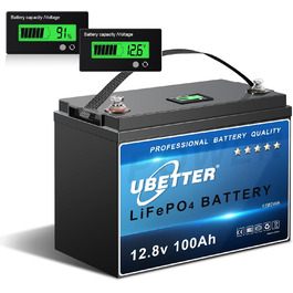 Акумулятор UBETTER 12V 100Ah LiFePO4 зі світлодіодним дисплеєм, 100A BMS, 4000 циклів, послідовно/паралельно, домашнє зберігання енергії