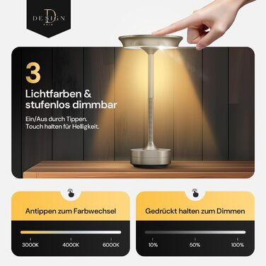 LED настільна лампа Designgold бездротова з акумулятором - стильний дизайн, 3 кольори світла, регулювання яскравості, для дому та на вулицю, срібна