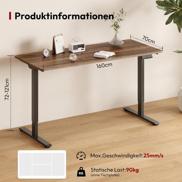 SANODESK Регульований стіл за висотою 160x70 см – Електричний стіл для стоячи/сидячи з подвійним мотором, вантажопідйомність до 90 кг, ергономічне робоче місце (чорний+коричневий) 160 x 70 см Коричневий