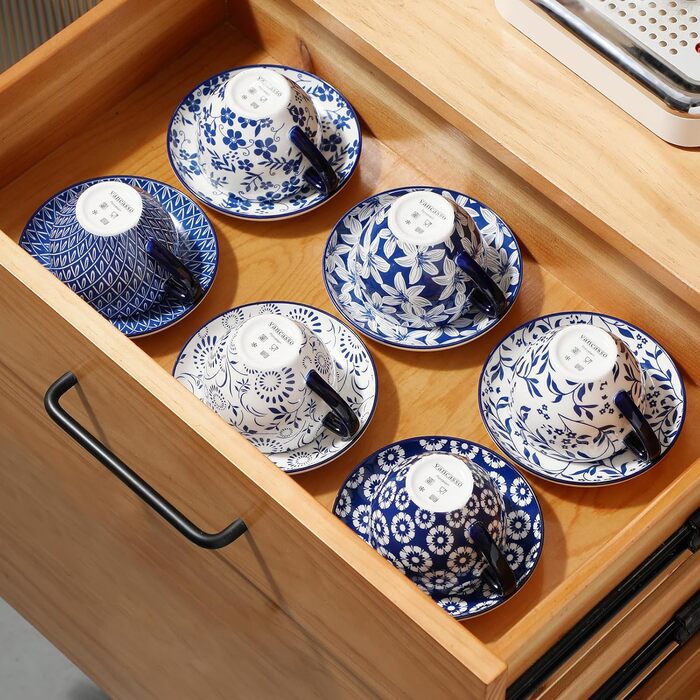 Набір кавових чашок Vancasso Selene, 6 шт., 360 мл, блакитно-білий вінтажний дизайн, для кави, молока, чаю та какао