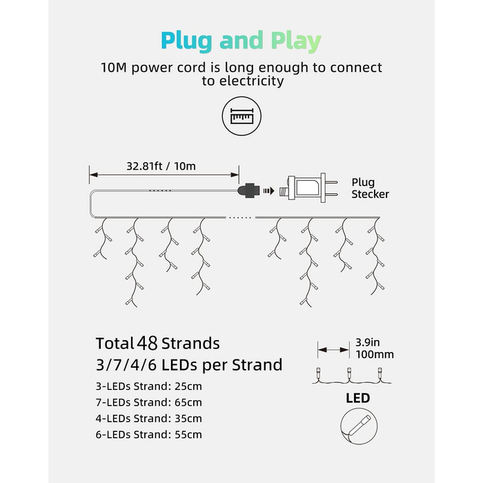 М Frost Rain String Light, водонепроникний, 8 режимів, для вулиці/приміщення, бурулька, з вилкою, 9