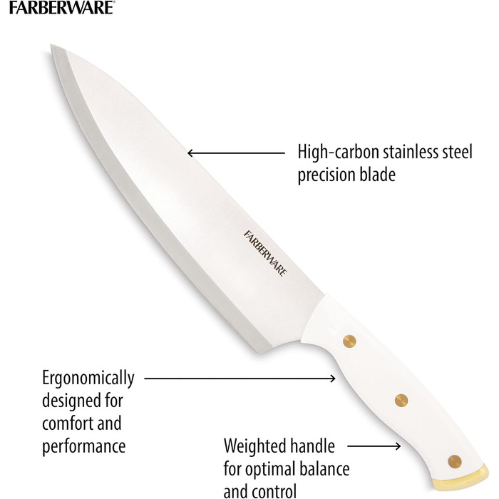 Набір кухонних ножів Farberware 15 предметів з дерев'яним блоком, нержавіюча сталь, білий та золотий
