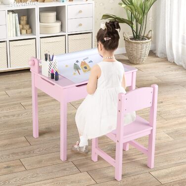 Дитячий стіл зі стільцем COSTWAY, набір дитячих столів з відкидною стільницею, тримач для рулону паперу, учнівський стіл для дітей від 3-х років, чорнило. Рулон паперу та маркери (рожевий)