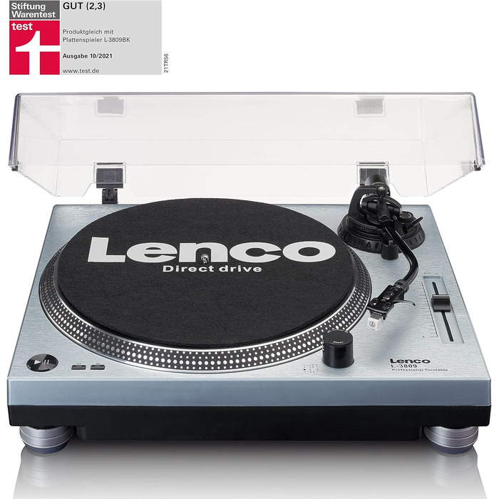 Програвач вінілу Lenco L-3809 з прямим приводом, DJ-платівковий, 33/45 об/хв, регулювання тону, магнітний звукознімач, підсвічування голки, білий (Blau Metallic)