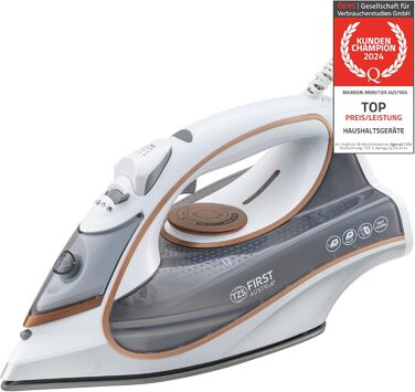 Відпарювач TZS First Austria I 2800-3200W з керамічною підошвою | Самоочищення, вертикальний пар, антинакип | 0,45л, 1.3кг, білий/мідний