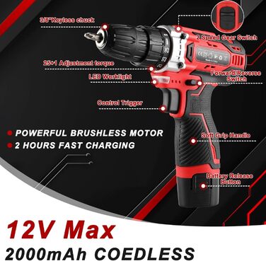 Набір інструментів TLGREEN акумуляторний (138 предметів) з дрилем-шуруповертом 12V, червоний – для ремонту та побутового використання