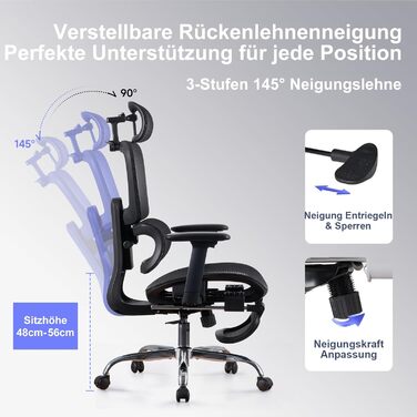 Ергономічне крісло для офісу з підніжкою та подушкою для шиї, 5-рівневе регулювання спинки, 2D підтримка попереку, 3D підлокітники/підголівник, функція нахилу 145°, сітчасте сидіння, гумові колеса (Чорний, Lite)