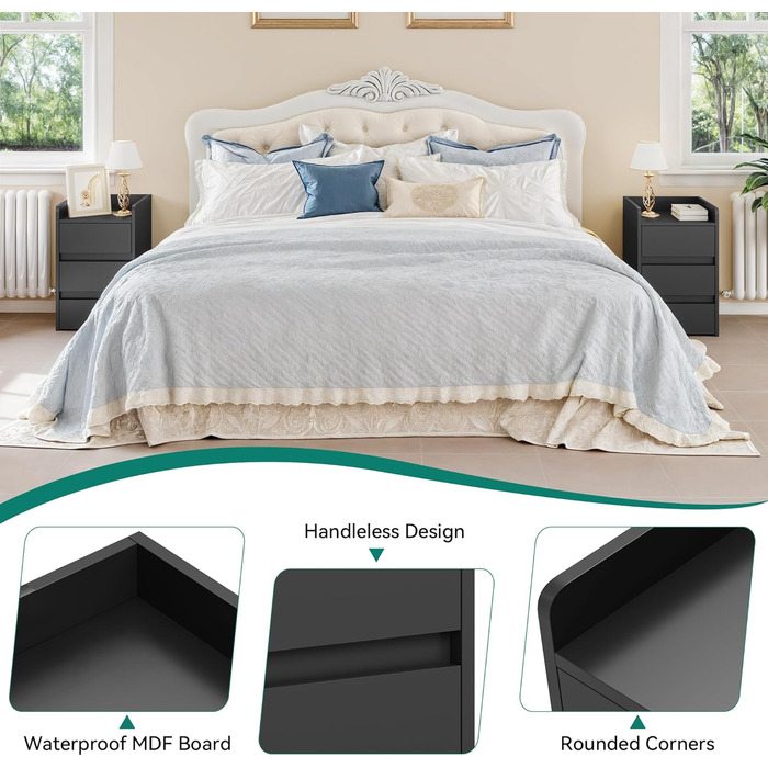 Приліжкові тумбочки YITAHOME (2 шт) з металевими ніжками та ручками, білий колір, 3 висувні ящики, 35 x 40 x 59 см, для спальні та вітальні