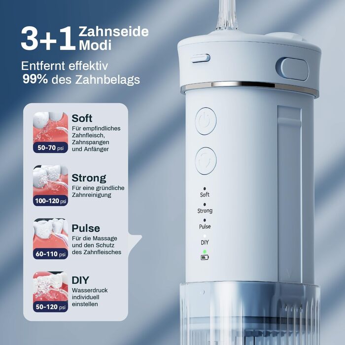 Портативний електричний іригатор для порожнини рота JTF Munddusche Mini, бездротовий, для подорожей, з 5 насадок, 4 режими, 230 мл, водонепроникний (IPX7, блакитний)