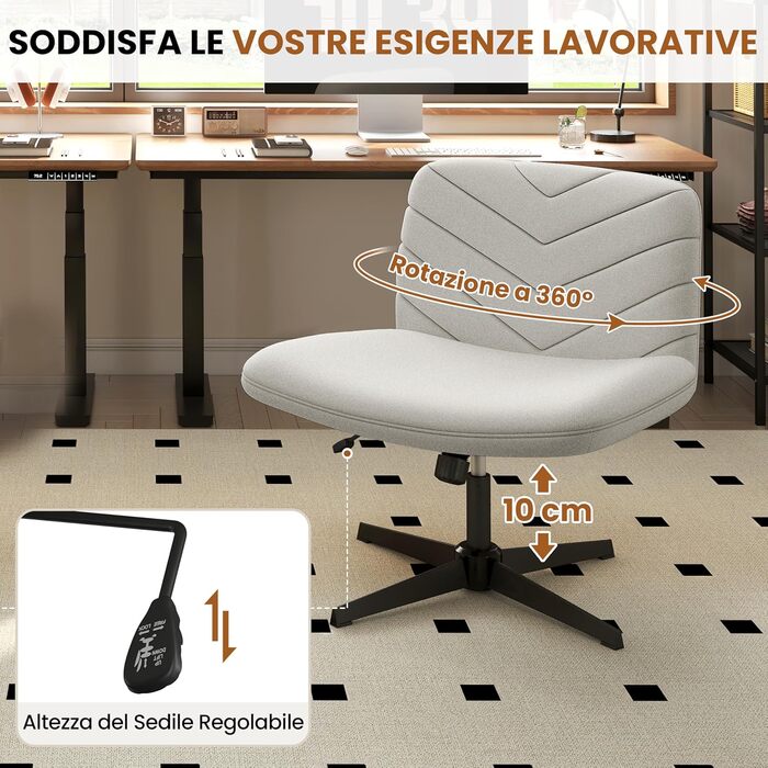 Офісне крісло Yaheetech з роликами, регульоване по висоті, з широким сидінням та середньою спинкою, для офісу та спальні (Світло-сірий)