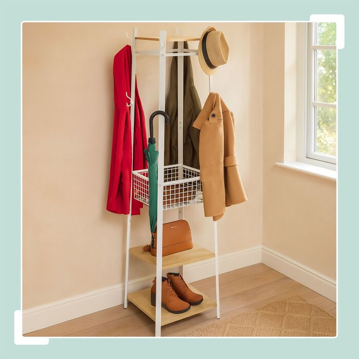 Настінна вішалка Relaxdays з гачками, полицями та кошиком