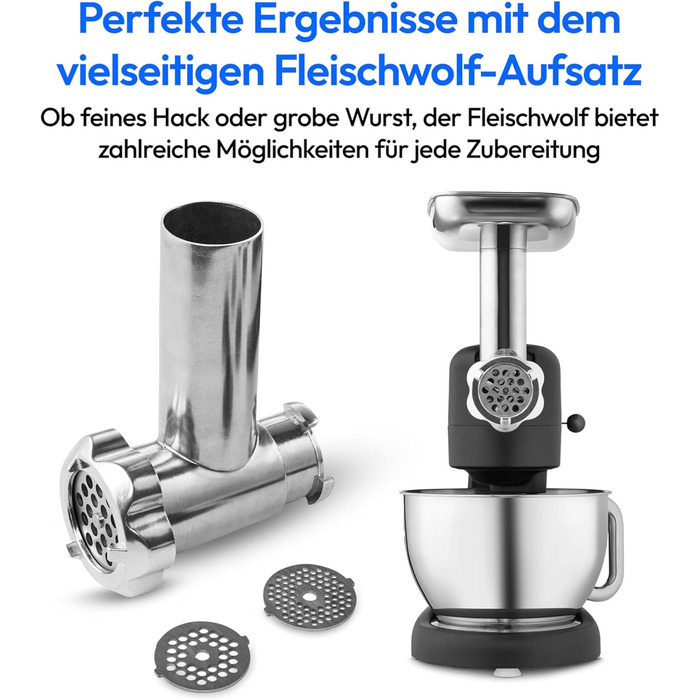 Кухонна машина MEDION MD12600: м'ясоподрібнювач, 4.6л чаша з нержавіючої сталі, тихий DC-двигун, 800 Вт, набір дисків для тертя, шинкування та нарізання, сенсорний дисплей, міксер, тістоміс