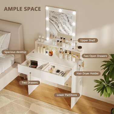 Трюмо JUMMICO з LED-підсвічуванням та дзеркалом, регульована яскравість та колірна температура, косметичний столик з 9 LED-лампочками, білий