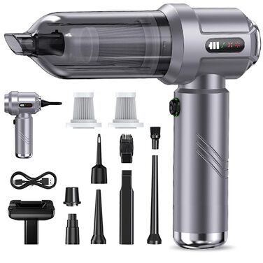 Акумуляторний ручний пилосос 4-в-1 (22000Па), бездротовий електричний пилосос та повітродувка для авто, дому, кухні та шерсті тварин, 3 режими, сріблястий