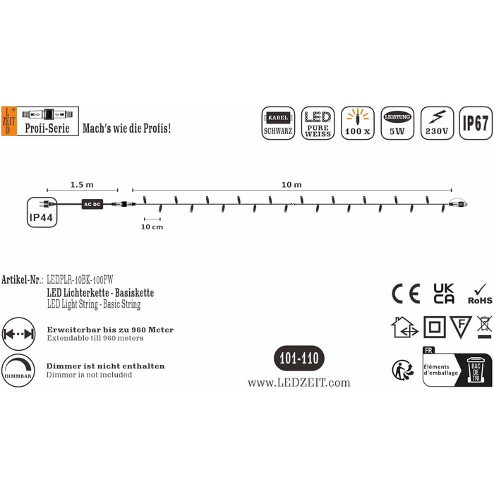 Професійний світлодіодний струнний світильник LEDZEIT, 10 м, 100 світлодіодів, розширюється, міцний, внутрішній/зовнішній, холодний білий, чорний