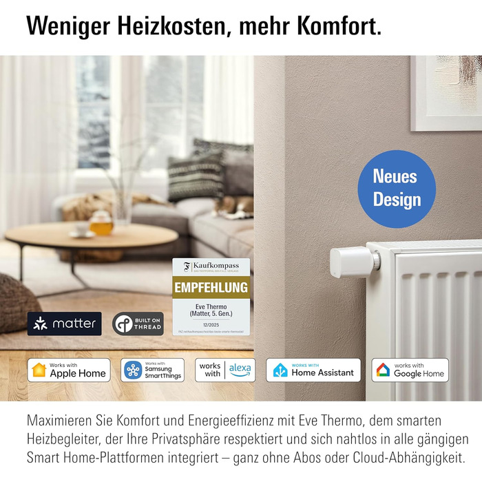 Eve Thermo (Matter, 5-те покоління) - Розумний термостат на радіатор, економія тепла, сумісний з Alexa, Apple Home, Samsung SmartThings, Google Home, Matter