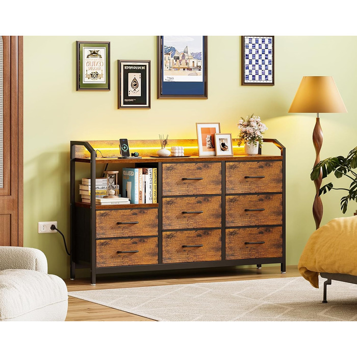 Комод ODK з висувними ящиками та LED-підсвіткою, 10 кольорів, 2 USB та 2 розетки, 8 тканинних ящиків, для вітальні/спальні, 110x30x88 см, вінтажний стиль