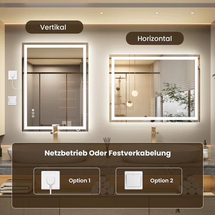 LED дзеркало для ванної кімнати 60x80 см з підсвічуванням, сенсорне керування, регулювання яскравості, 3 кольори світла, антизапар, IP44, вертикальна/горизонтальна орієнтація