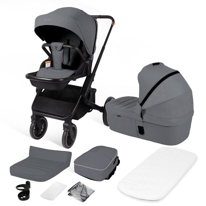 Дитяча коляска 2-в-1 BabyVoyage з люлькою та прогулянковим блоком, поворотні колеса 360°, амортизація, регульована ручка, складна, комплект, колір зелений (темно-сірий)