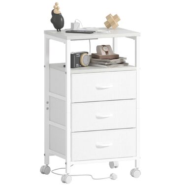 Нічний столик з 3 шухлядами, зарядний станція, 2 розетки AC та 2 USB, з роликами, білий