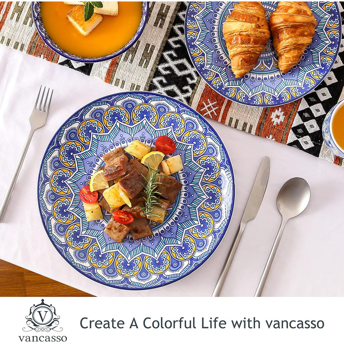 Посуд Vancasso Mandala, 16 предметів, порцеляновий набір для 4 осіб, блакитний, богемський стиль, ручна розпис