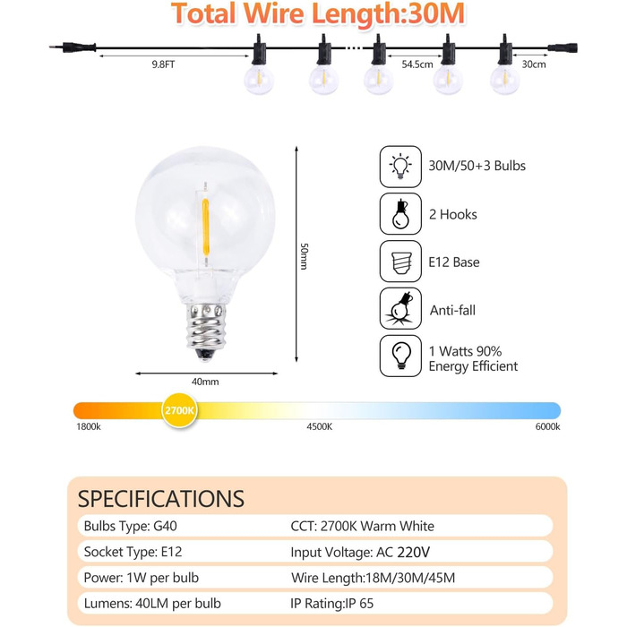 Світлодіодні струнні світильники зовнішня/внутрішня, 2700K теплий білий, водонепроникний IP65, лампи G40, 30M для саду/вечірки