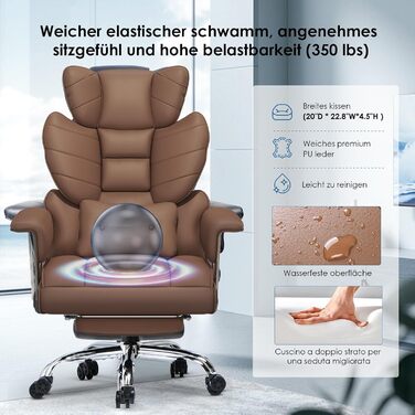 Ергономічне крісло для офісу з висувною підніжкою, регульоване по висоті, велика м'яка спинка, індивідуальна підтримка попереку, крісло для начальника з PU-шкіри, з підніжкою