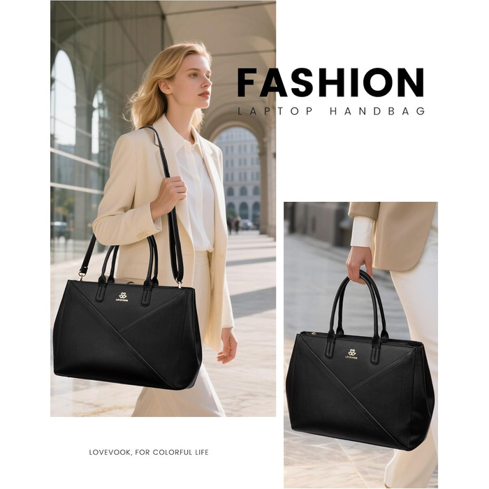 LOVEVOOK Сумка для ноутбука 15.6 дюймів, жіноча, велика, шкіряна, на плечі, для роботи, навчання, офісу, універсальна, чорна