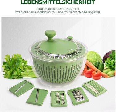SUSTEAS Салатниця-швидкокрутка 4.5л з кришкою, чаша для салату з 5-лопатевим ножем, механізм Kubelantrieb та сепаратор для яєць – для миття, сушіння та нарізання салату, овочів, фруктів