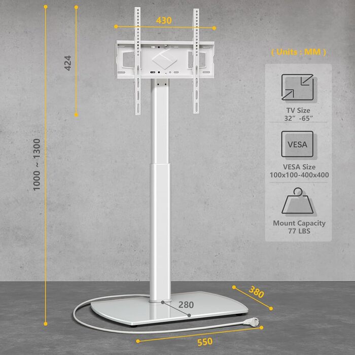 Підставка для телевізора біла, на підлогу, для 32-65 дюймів, до 35 кг, регульована висота, поворотна, VESA 400x400 мм