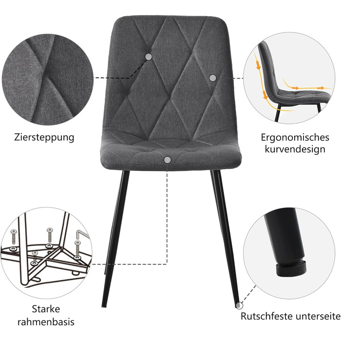 KUAKE Комплект обідньої групи: стіл 117x68 см та 4 стільці, сучасний прямокутний обідній стіл, сірі стільці з льону, чорні ніжки