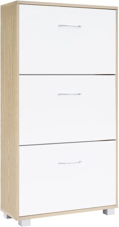 Шафа для взуття Casaria® на 18 пар, вузька, 115x60x25 см, 3 дверцята, висока, з дерева, закрита, з фіксацією від перекидання, для прихожого, світла бука/білий колір