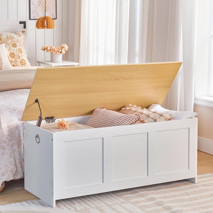 HOOBRO Лавка з ящиком для іграшок, 100 см, білий та натуральне дерево, з безпечним шарніром, для дому