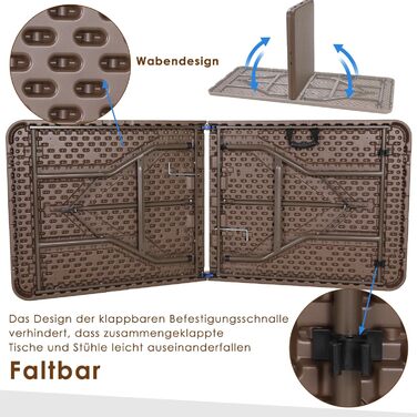 Садовий стіл складний 180x76 см, фуршетний стіл складний пластиковий, розкладний стіл з ручкою для перенесення, кемпінговий стіл на 10 осіб, стійкий до погодних умов Портативний стіл для вечірок для балкона садової тераси, вигляд ротанга до 150 кг (ротанг