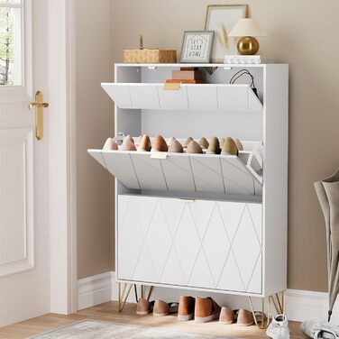 Взуттєва шафа UEV з 2 відкидними дверцятами, 80 x 24 x 120 см, на 16 пар взуття, з 1 висувною шухлядою, біла, вузька, для передпокою, економія місця