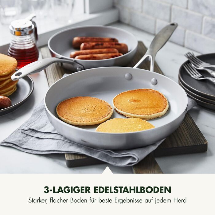 Набір сковорідок GreenPan Venice Tri-Ply 20см та 26см, нержавіюча сталь, антипригарне покриття без PFAS, для індукційних плит, сумісний з духовкою, можна мити в посудомийній машині, срібний колір