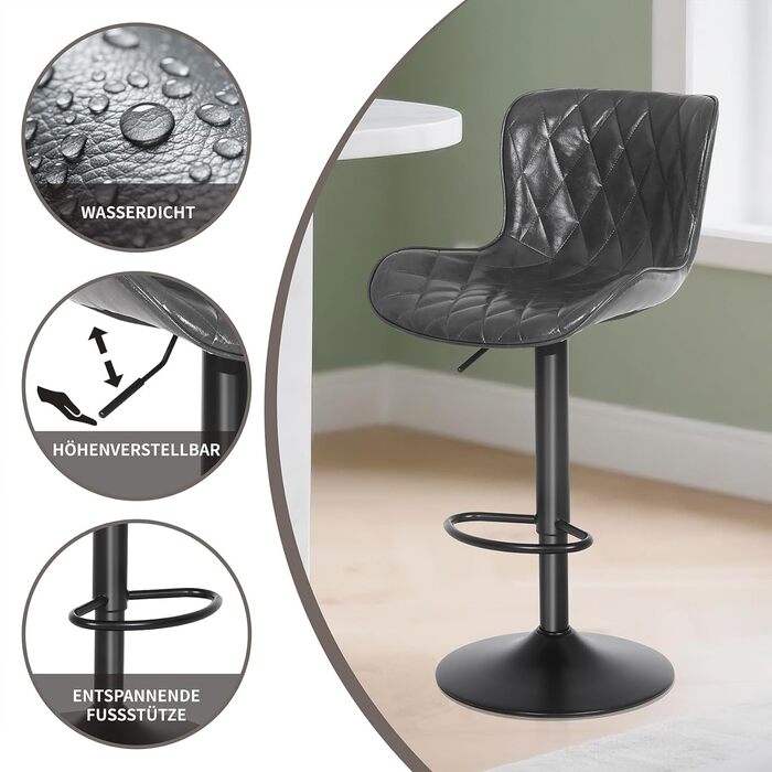 Барні стільці Youhauchair 3 шт., шкіряні, регульовані по висоті, з підніжкою та спинкою, сірі