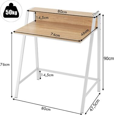 Письмовий стіл LIFEZEAL, Комп'ютерний стіл з 2 полицями, Столик для ноутбука з підставкою, Офісний стіл з А-подібним металевим каркасом, Стіл для ПК з великою стільницею, 80x47,5x90см (натуральний)