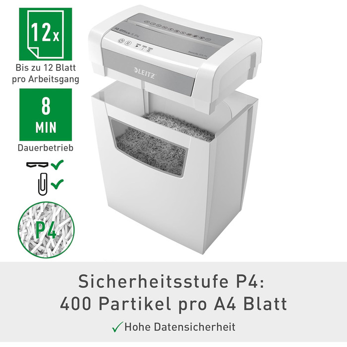 Шредер Leitz IQ Office S: Безпека P4, 12 листів, тиха робота, для офісу, білий