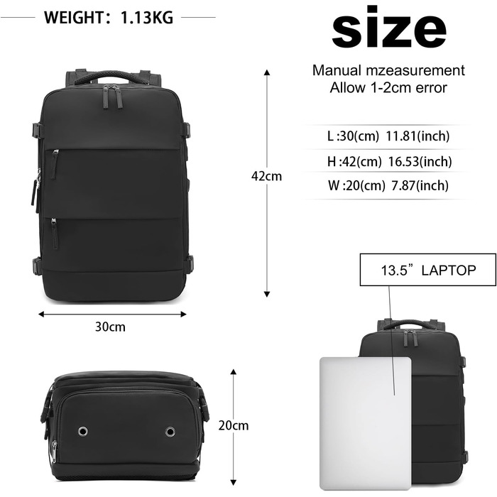 KONO Рюкзак для ручної поклажі 42x30x20, рюкзак для ноутбука 25L, Outdoor, для подорожей, спорту, Weekender з відділенням для взуття, чорний