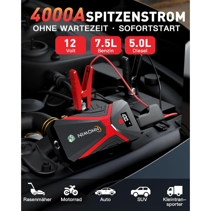 Powerbank Starthilfe 20000 mAh для автомобіля 12V з кабелями та LED-ліхтарем. Запуск авто до 7.5л бензину або 5.0л дизеля. 4-в-1 функція. Підходить для подорожей та надзвичайних ситуацій.