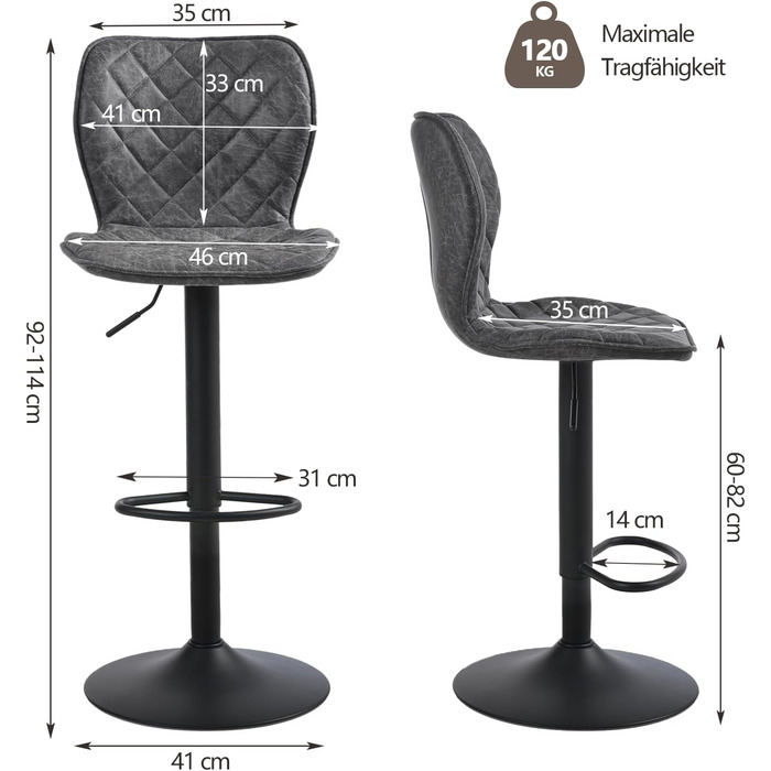 Набір барних стільців 4 шт. регульовані по висоті з підлокітником та підставкою для ніг – 360° обертання, PU шкіра, оббивка, металевий каркас для кухні, стійки, їдальні, вітальні, чорний