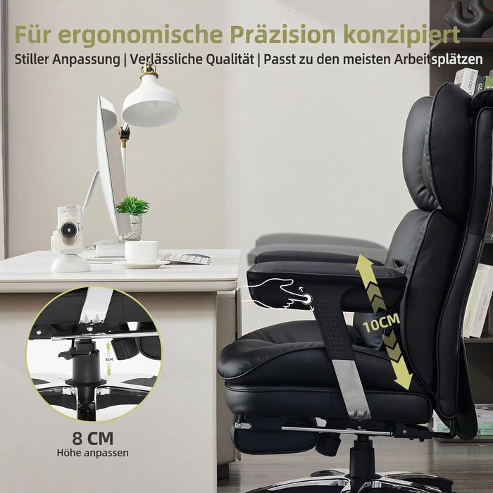 Ергономічне офісне крісло Efomao з PU шкіри для дому та офісу, 200 кг, з підставкою для ніг та підтримкою попереку, чорне