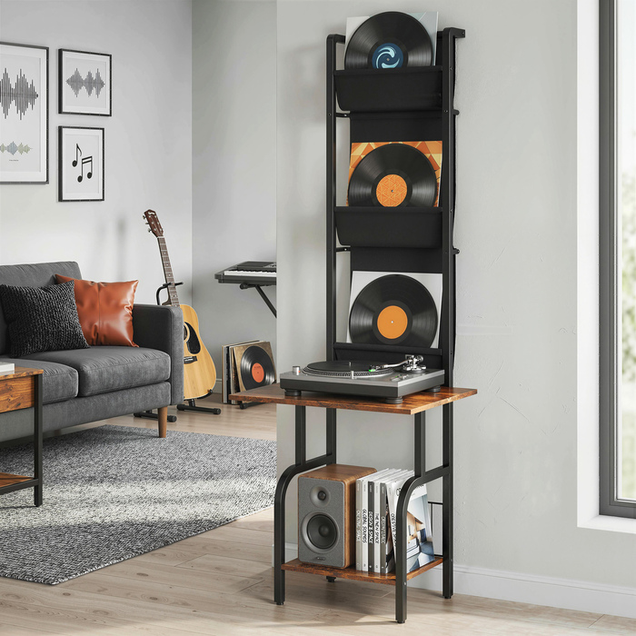 Індустріальна полиця для CD, зберігання CD та DVD з 3 текстильними кишенями та стільницею, у стилі рустикального дерева коричневого кольору