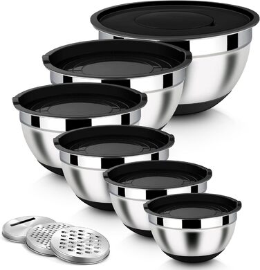 Набір місок Homikit з нержавіючої сталі, 6 шт. з тертками, кришкою та силіконовим дном, 4.6/2.8/2.5/1.6/1.2/0.7 л, чорний
