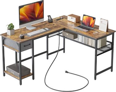 Комп'ютерний стіл CubiCubi L-подібний з розеткою, 148 x 120 см, коричневий, вінтажний, для офісу та дому
