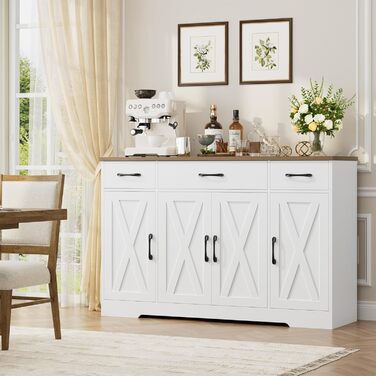 Сервант HOCSOK 140 см: кухонна шафа з 2 регульованими полицями, буфет з 3 висувними ящиками та 4 дверцятами, для вітальні, кухні, передпокою, білий & коричневий