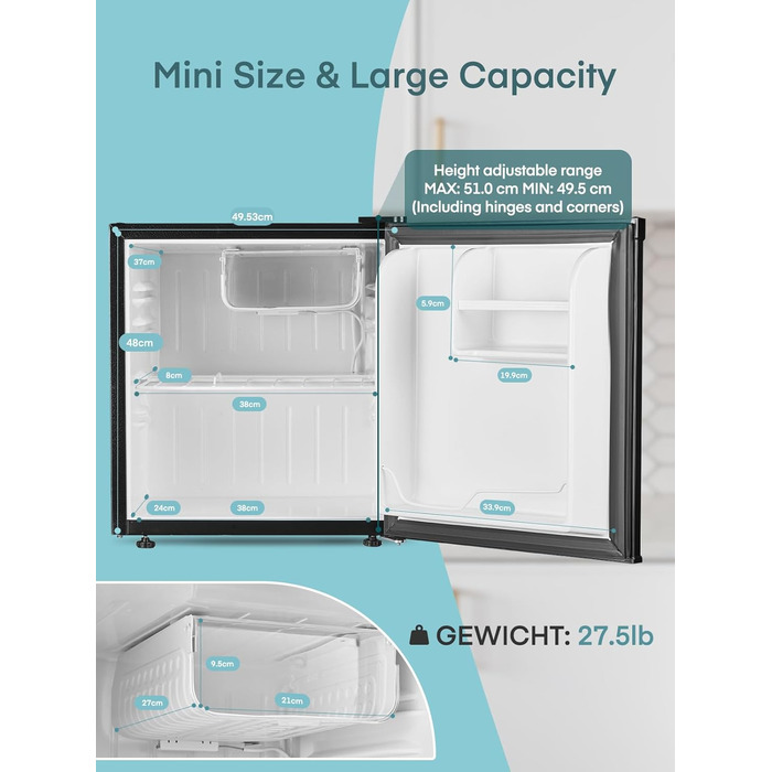 Міні-холодильник FOHERE 46L з відділенням для льоду | Компактний холодильник | Регулювання температури, енергозбереження, тиха робота | Холодильник для напоїв ідеально підходить для офісу, кемпінгу та геймінгу | Змінний бік відкривання дверцят | Чорний